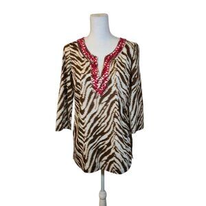 Ann‎ Taylor LOFT Beaded Tunic Top Size Small Brown Animal Print Cotton Bohemian